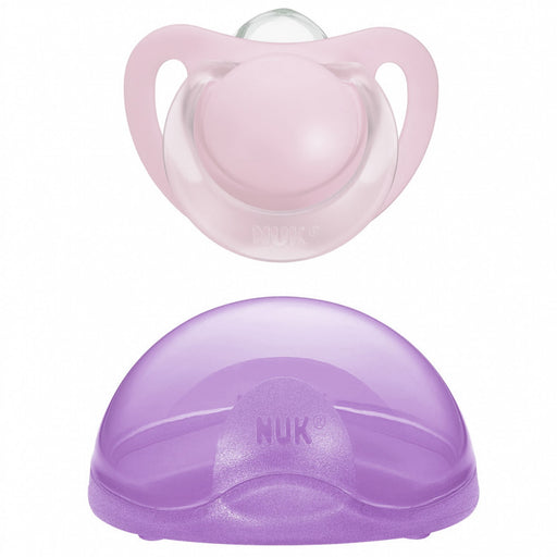 immagine-1-nuk-portasucchietto-lilla-succhietto-silicone-rosa-0-6-m-ean-4008600063346