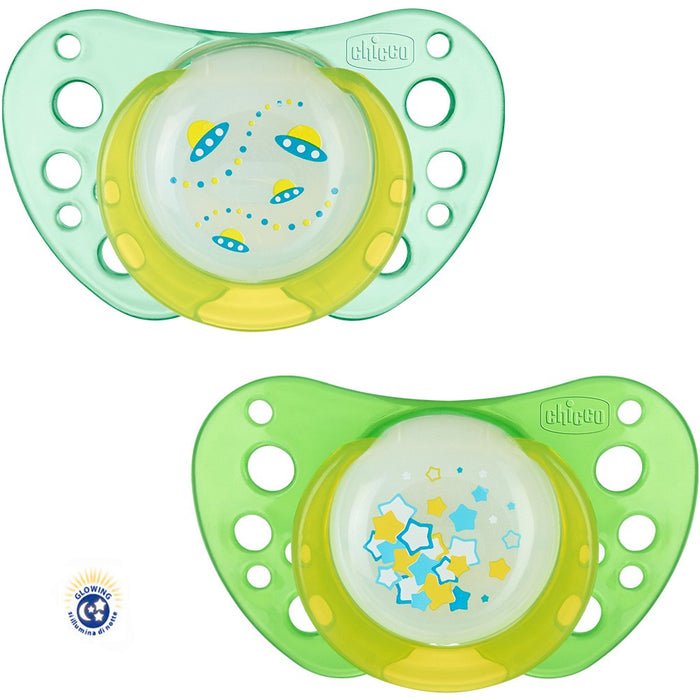 immagine-1-succhietto-chicco-physio-air-glowing-silicone-2-pz-verde-0m-ean-8058664008353