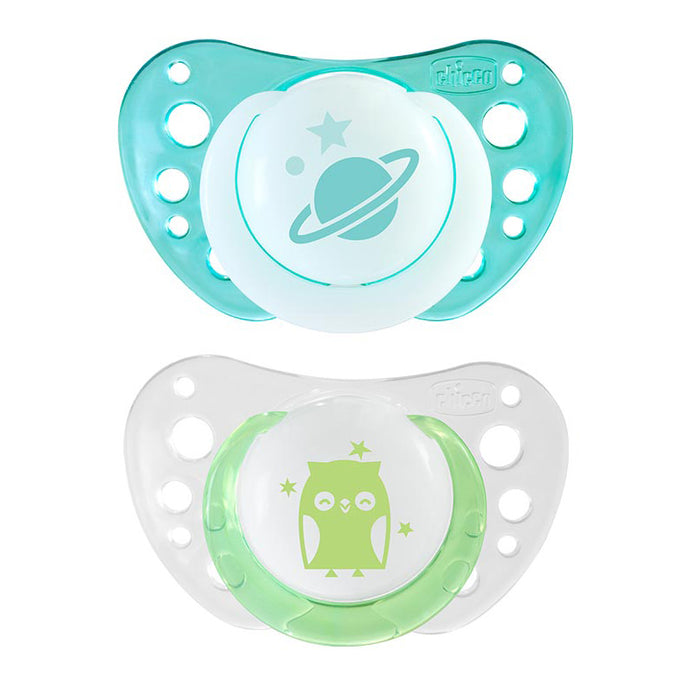 immagine-1-succhietto-chicco-silicone-physio-air-night-2-pz-celeste-verde-0-6m-ean-8058664058846